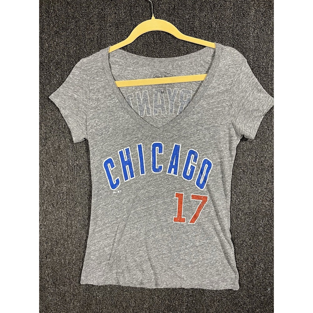 Chicago Cubs Kris Bryant #17 Women's Medium Gray V Neck T Shirt Majestic MLB